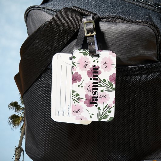 Étiquette À Bagage Motif floral pourpre et rose avec monogramme perso