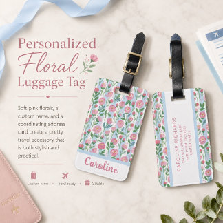 Étiquette À Bagage Motif floral rose personnalisé aquarelle