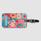 Étiquette À Bagage Motif Floral Stylé Monogramme (Devant Horizontal)