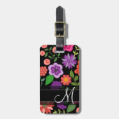 Étiquette À Bagage Motif floral tendance Hot rose et noir Monogramme (Devant Vertical)