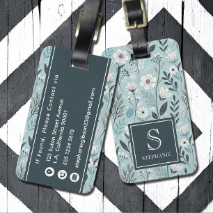 Étiquette À Bagage Motif floral vert et blanc avec nom monogramme