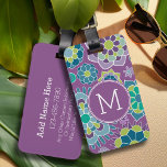 Étiquette À Bagage Motif Floral violet coloré Monogramme personnalisé<br><div class="desc">Purple,  Turquoise et vert citron vert - Un design floral amusant et graphique dans des couleurs fraîches et joyeuses. Si vous devez ajuster les monogrammes,  cliquez sur le bouton customiser et apporter des modifications.</div>