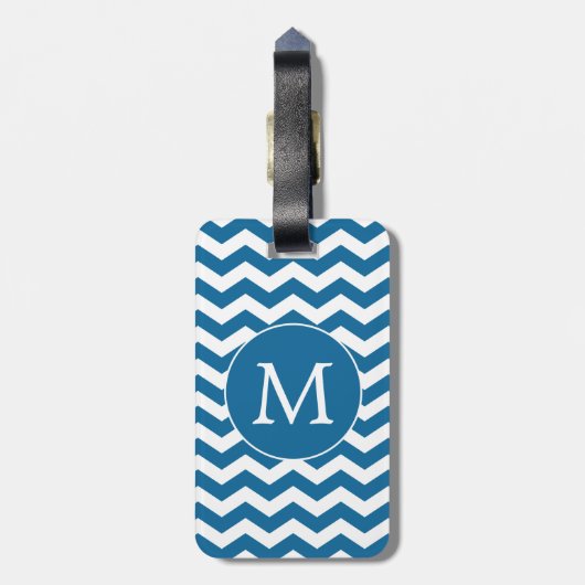 Étiquette À Bagage Motif moderne Monogram Blue Chevron Stripes (Dos Vertical)