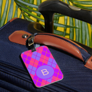 Étiquette À Bagage Motif monogramme argyle rose et bleu vif
