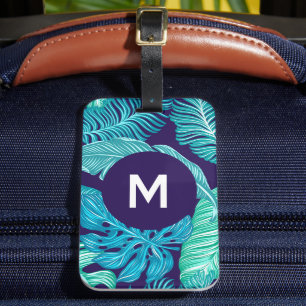 Étiquette À Bagage Motif monogramme de feuilles vert bleu tropical