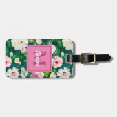 Étiquette À Bagage Motif monogramme vert fleuri et rose (Devant horizontal)