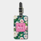 Étiquette À Bagage Motif monogramme vert fleuri et rose (Devant Vertical)