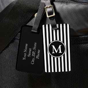 Étiquette À Bagage Motif noir blanc rayé Monogramme