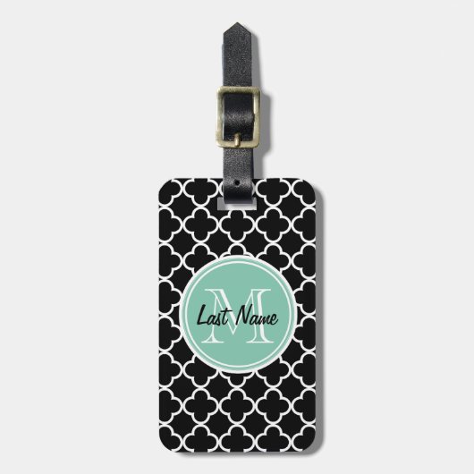 Étiquette À Bagage Motif noir de Quatrefoil, monogramme vert en bon (Devant Vertical)