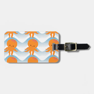 Étiquette À Bagage Motif Octopus Orange Et Vagues Bleues