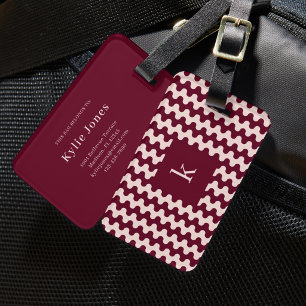 Étiquette À Bagage Motif ondulé gras Monogramme Bordeaux Rose