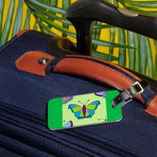 Étiquette À Bagage Motif Papillon Patchwork sur Fond Vert