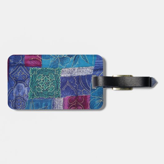 Étiquette À Bagage Motif Patchwork, Arrière - plan Patchwork, Bleu (Dos horizontal)