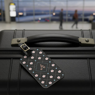 Étiquette À Bagage Motif Plaid Rose Et Bleu Sur Noir