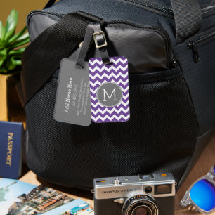 Étiquette À Bagage Motif pourpre et gris Chevron avec Monogram