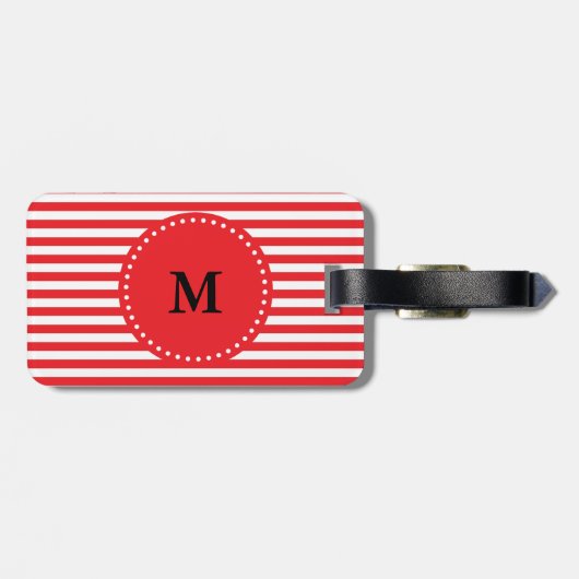 Étiquette À Bagage Motif rouge et blanc de monogramme de rayures (Dos horizontal)