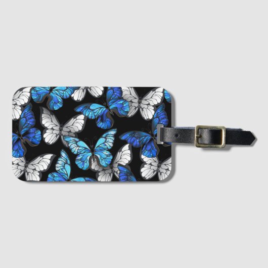 Étiquette À Bagage Motif sans couleur foncée avec papillons bleus Mor (Devant Horizontal)