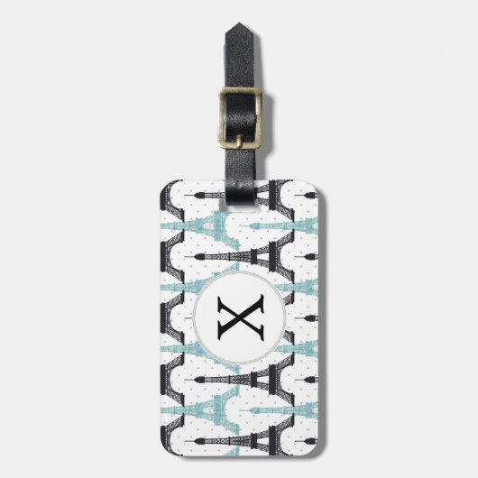 Étiquette À Bagage Motif tour Monogram Aqua Chic Eiffel (Devant Vertical)