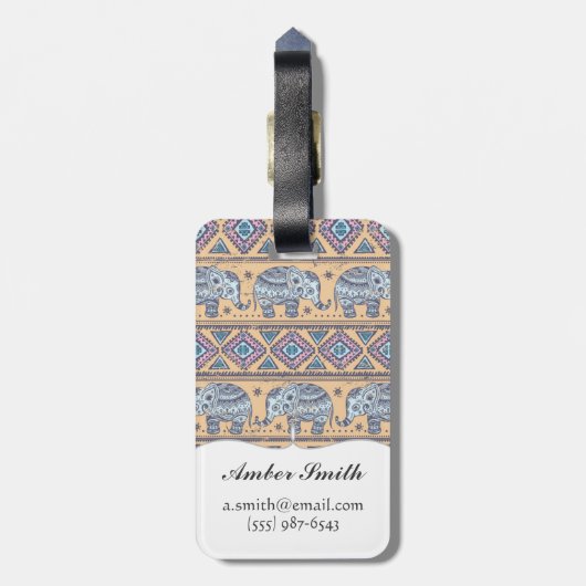 Étiquette À Bagage Motif tribal d'éléphant ethnique bleu (Dos Vertical)