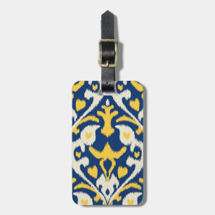 Étiquette À Bagage Motif tribal d'ikat bleu jaune de couleur chamois