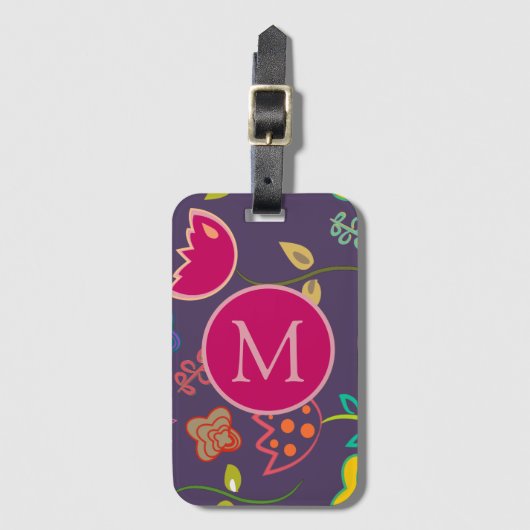Étiquette À Bagage Motif tulipe funky monogramme violet (Devant Vertical)