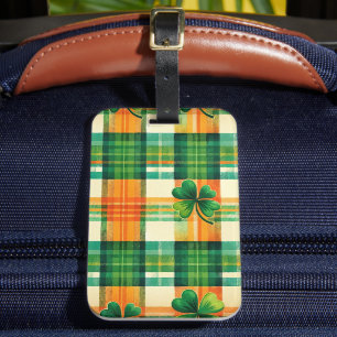 ÉTIQUETTE À BAGAGE MOTIFS ÉCOSSAIS IRLANDAIS VERTS ET ORANGES