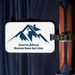 Étiquette À Bagage Mountain Real Estate Company Personalized Realtor<br><div class="desc">A cool mountain range real estate company luggage tag for a realty business located in a mountainous city or town. The realtor name is written in navy blue script under the house among mountains. Great marketing item for a mountaintop home builder.</div>