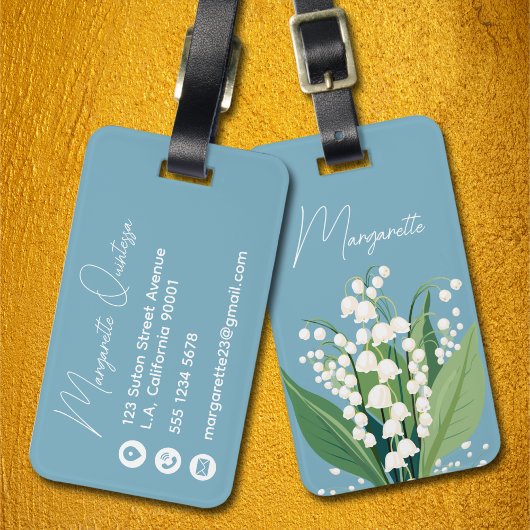 Étiquette À Bagage Muguet aquarelle bleu et blanc script
