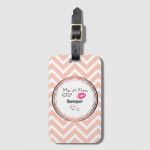 Étiquette À Bagage Mustache & Lèvres Mr & Mrs Peach Chevron Custom