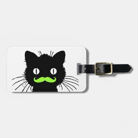 ÉTIQUETTE À BAGAGE MUSTACHE VERTE, CHAT NOIR (Devant horizontal)