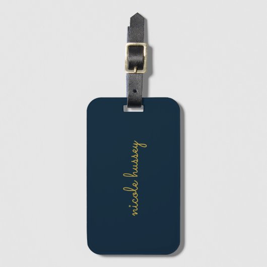 Étiquette À Bagage Navy Blue Gold Script | Stylish Monogram Modern (Devant Vertical)