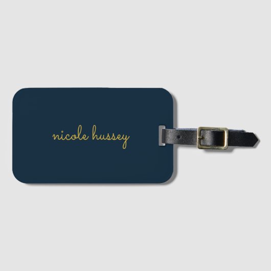 Étiquette À Bagage Navy Blue Gold Script  | Stylish Monogram Modern (Devant Horizontal)
