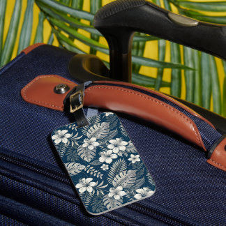 Étiquette À Bagage Navy Blue Hibiscus Monstera Tropical Botanical