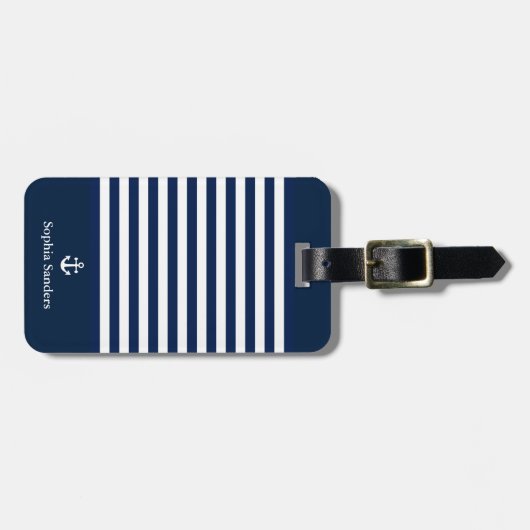 Étiquette À Bagage Navy Blue Striped Nautical Pattern (Devant horizontal)