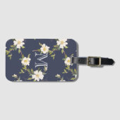 Étiquette À Bagage Navy Blue White Floral Monogram (Devant Horizontal)