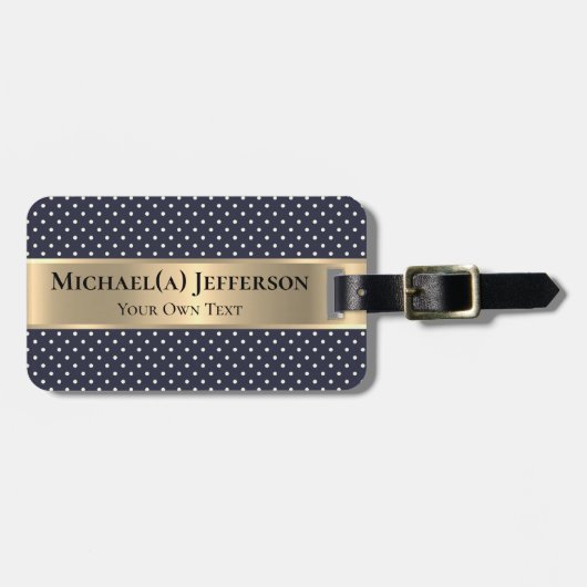 Étiquette À Bagage Navy Blue White Polka Dot Elegant Classic Gold (Devant horizontal)