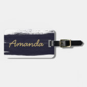 Étiquette À Bagage Navy blue white watercolor brushstrokes monogram  (Devant horizontal)
