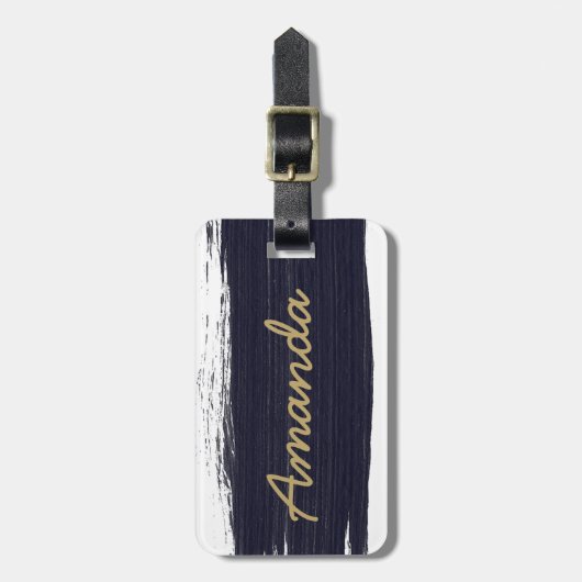 Étiquette À Bagage Navy blue white watercolor brushstrokes monogram  (Devant Vertical)