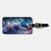 Étiquette À Bagage Nébuleuse spatiale avec fusée, planète et étoiles (Devant horizontal)