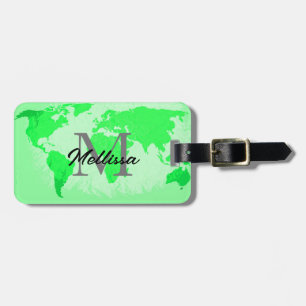 Étiquette À Bagage Neon Green World Map Monogrammes Voyageur Artistiq