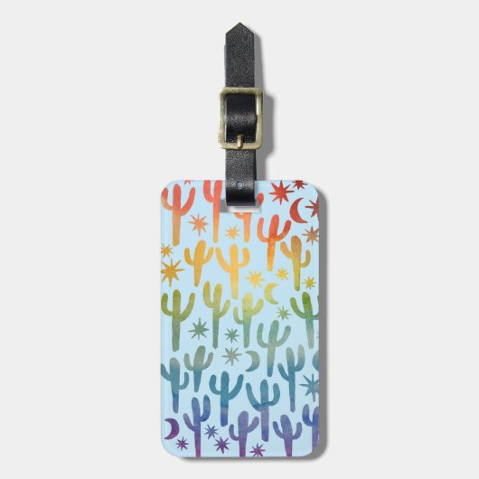 Étiquette À Bagage Night Desert Cactus Rainbow BLue Motif Aquarelle (Devant Vertical)