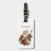 Étiquette À Bagage Noël du Père Noël rétro et du renne (Devant Vertical)