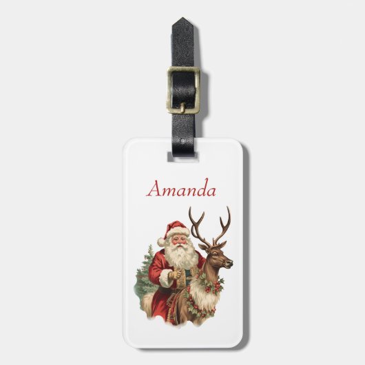 Étiquette À Bagage Noël du Père Noël rétro et du renne (Devant Vertical)