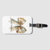 Étiquette À Bagage Noel Rustique Blanc Vert Or Bow Personnalisé (Devant Horizontal)