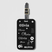Étiquette À Bagage Noir avec Fleurs blanches, Customisé (Devant Vertical)