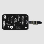 Étiquette À Bagage Noir avec Fleurs blanches, Customisé (Devant Horizontal)