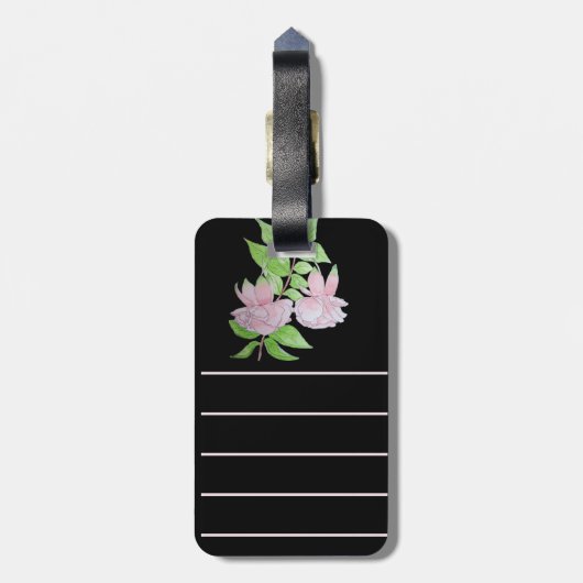 Étiquette À Bagage noir avec fleurs roses sur toutes les imprimés flo (Dos Vertical)