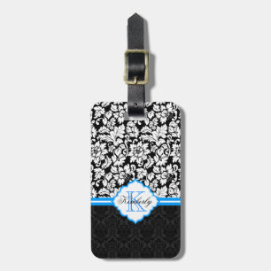 Étiquette À Bagage Noir Blanc & Bleu Vintage Damas florales