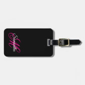 Étiquette À Bagage Noir blanc et rose chaud Script fantaisie Monogram (Devant horizontal)