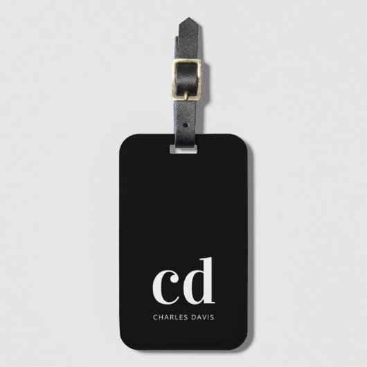 Étiquette À Bagage Noir blanc initiales monogramme élégant moderne (Devant Vertical)
